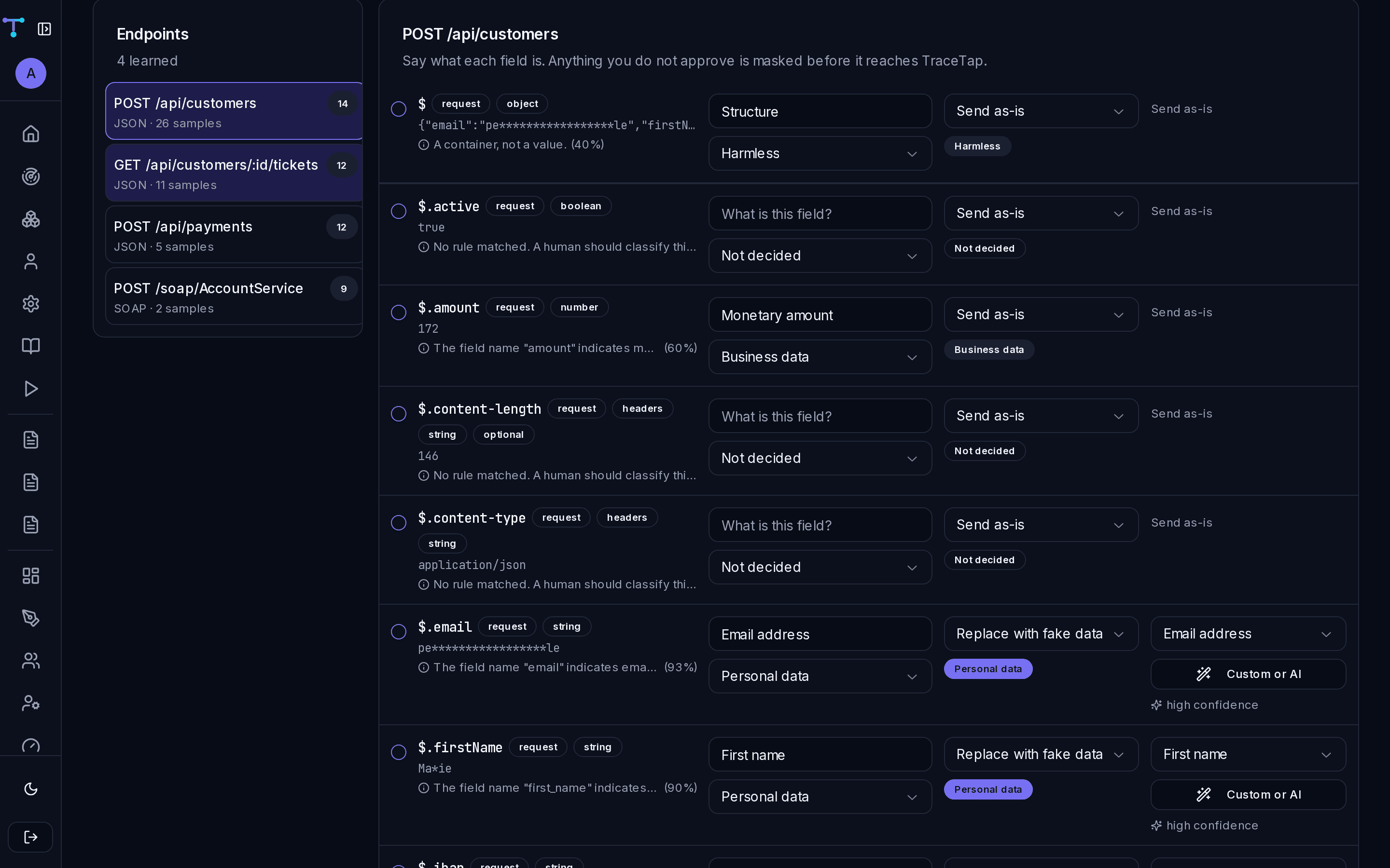The review workspace listing learned fields with classifications, actions and generators